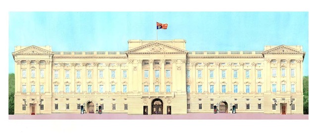 Full colour water-colour painting of Buckinham Palace facade